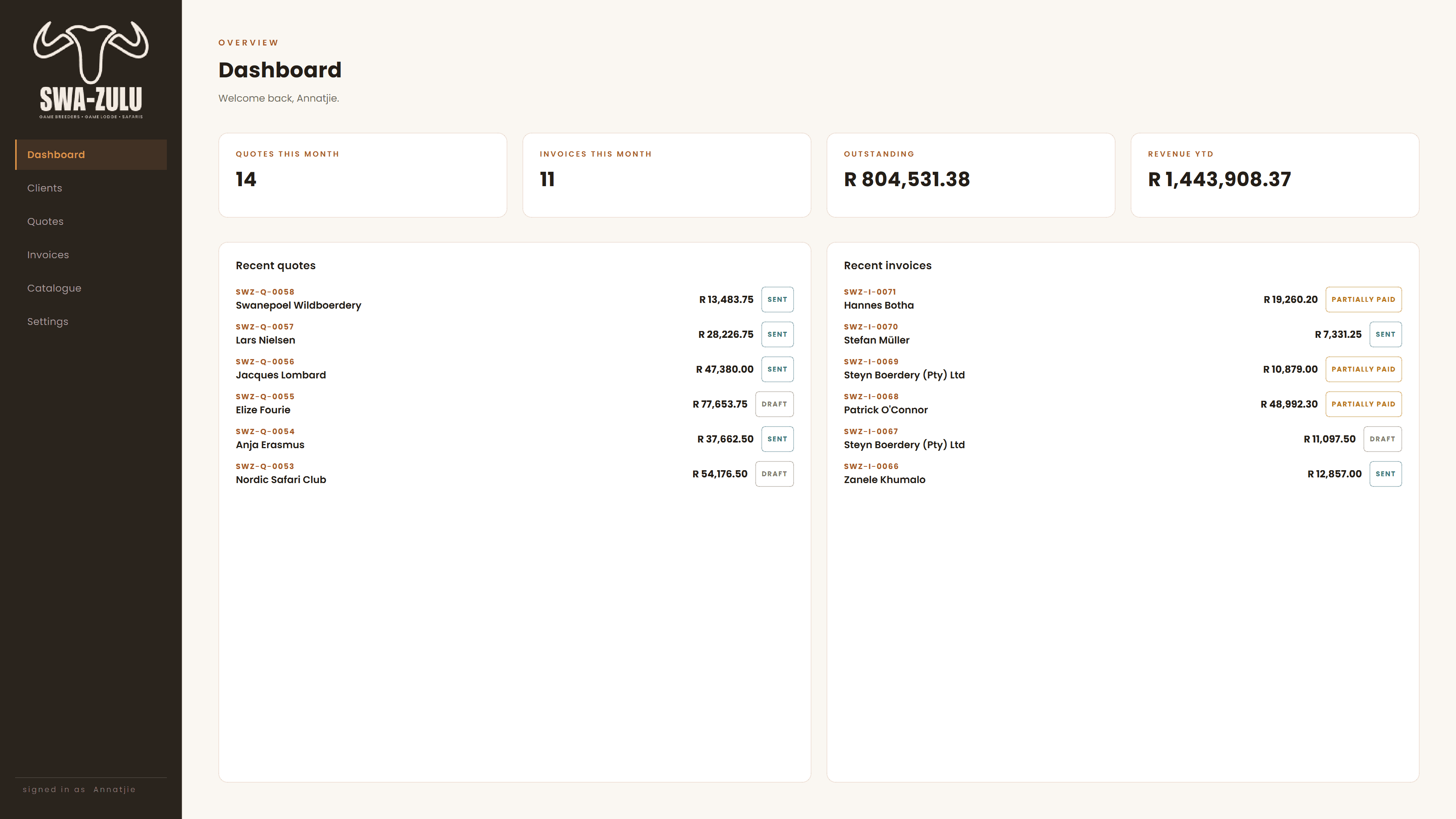 Swazulu desktop app dashboard showing quotes, invoices, outstanding balance and revenue for Swa-Zulu Game Lodge